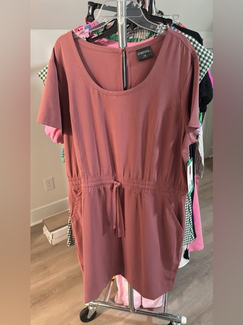 Drawstring Waist Short Sleeve Tunic Dress - Dusty Rose